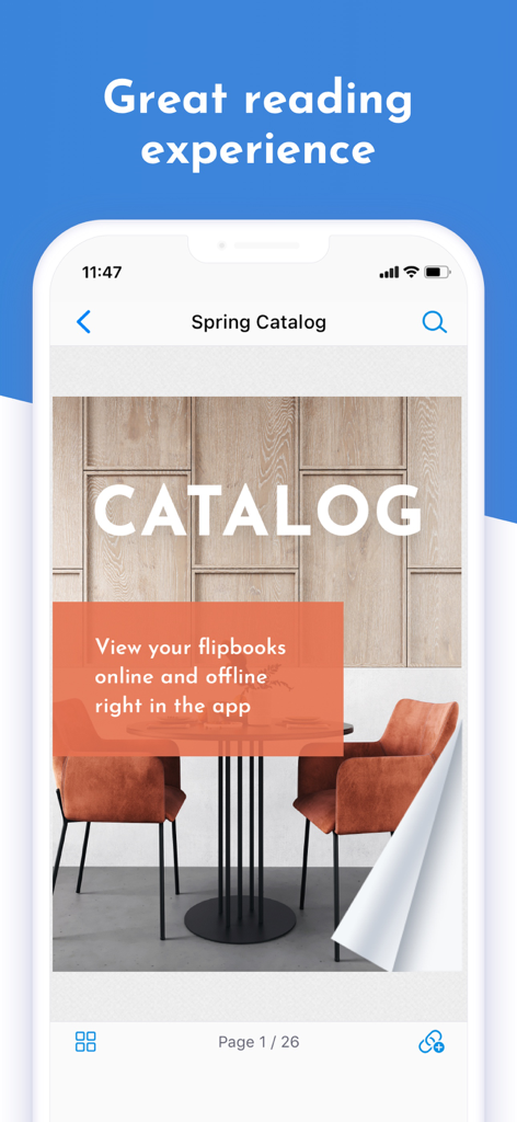 A digital flipbook catalog displayed in the FlippingBook mobile app with an offline viewing feature