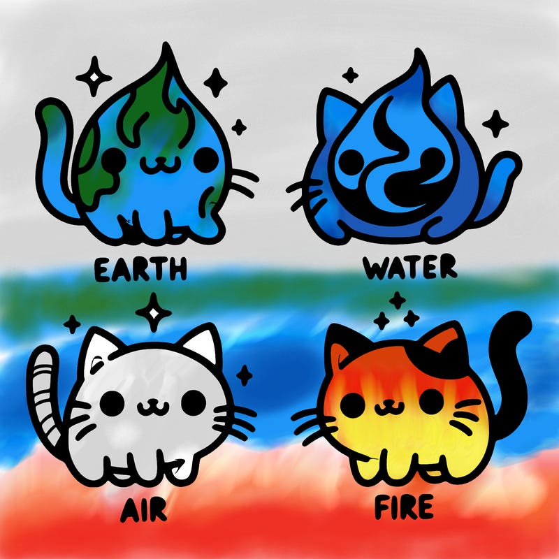 4 cats that represent the different elements, earth, water, air, and fire