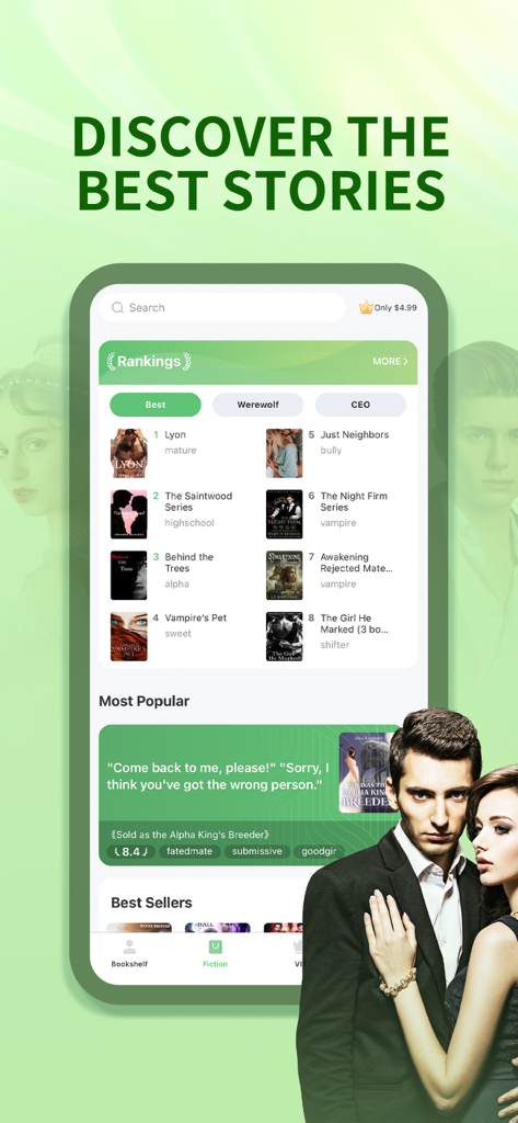 NovelWorld - Unlimited Novels - NovelWorld app interface displaying a ranked list of popular romance and werewolf novels.