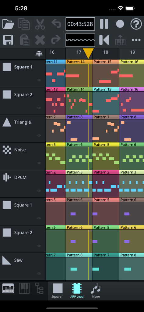 FamiStudio - FamiStudio interface showing an 8-bit music sequencer with multiple instrument tracks