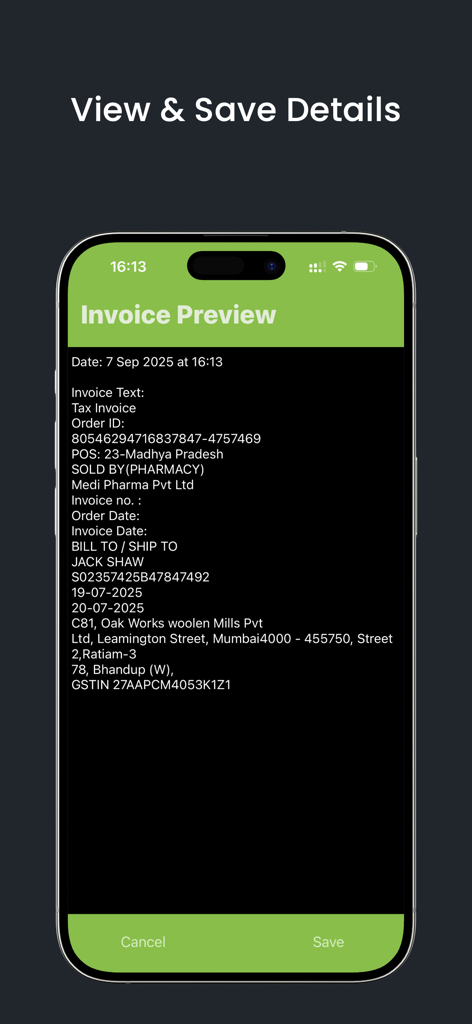 Paper Trail Invoice - Captura de pantalla de iPhone mostrando la pantalla de vista previa de la factura con texto extraído de un documento escaneado en la aplicación Paper Trail Invoice