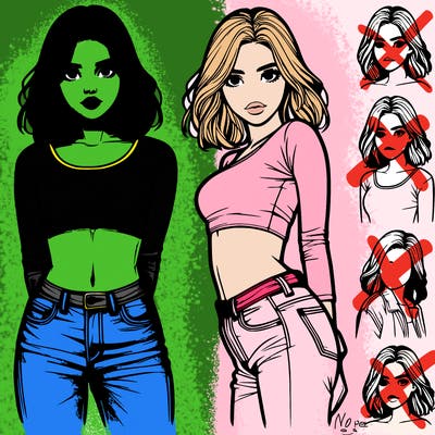 realistic teenage girl with a crop top on and jeans