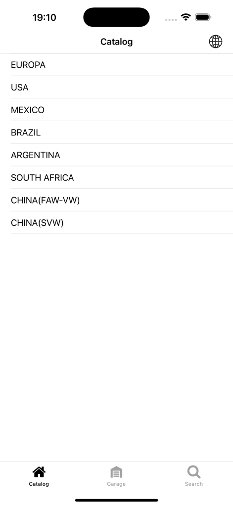 Audi parts app screen showing a list of geographic markets for catalog selection including USA and Europa