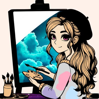 realistic girl artist painting a blank canvas