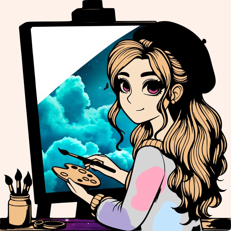 realistic girl artist painting a blank canvas