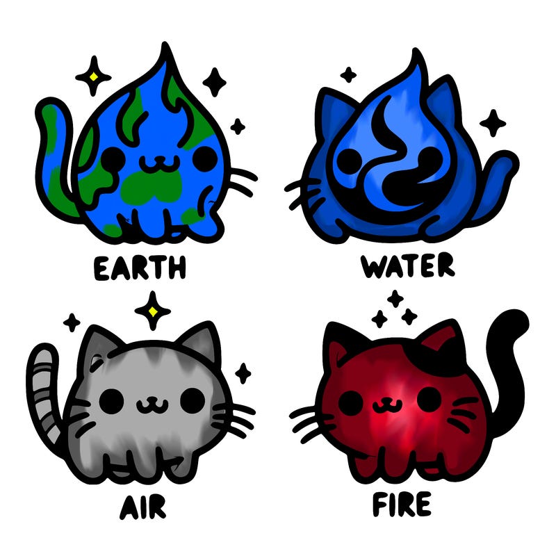 4 cats that represent the different elements, earth, water, air, and fire