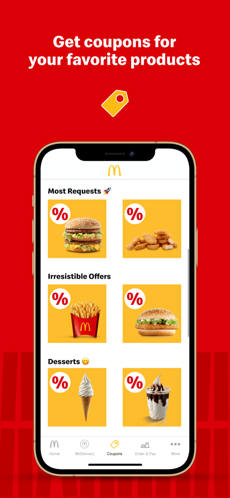 McDonald's Offers and Delivery - McDonalds mobile app interface showing a variety of food coupons and exclusive discounts