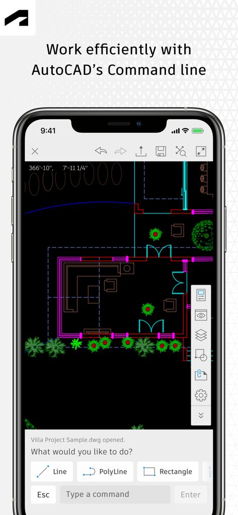 Planta baixa arquitetônica e ferramentas de linha de comando no aplicativo móvel AutoCAD