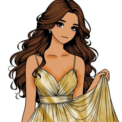 realistic girl in flowy silky prom dress
