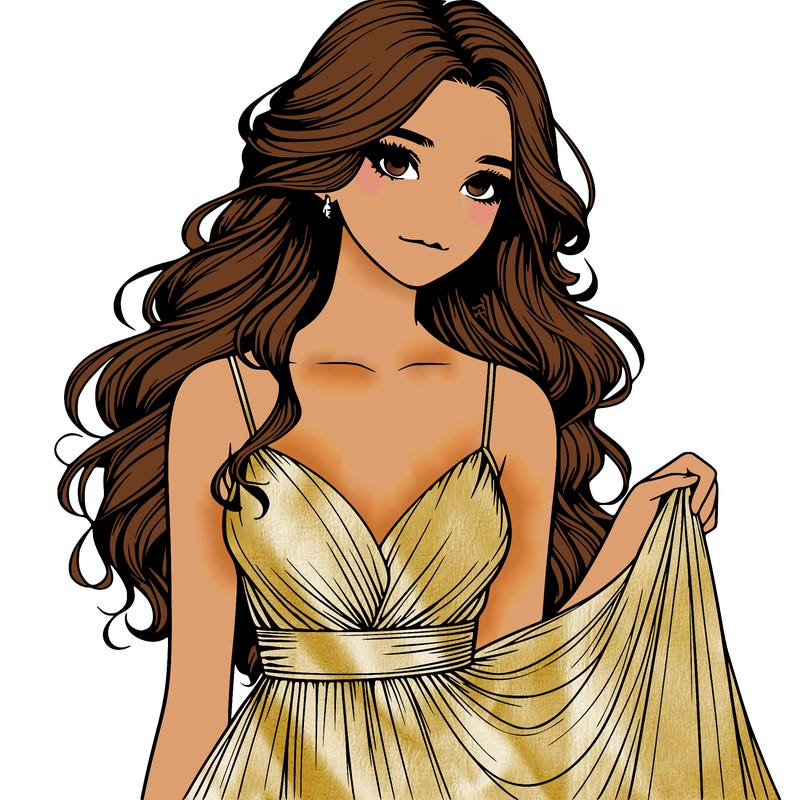 realistic girl in flowy silky prom dress