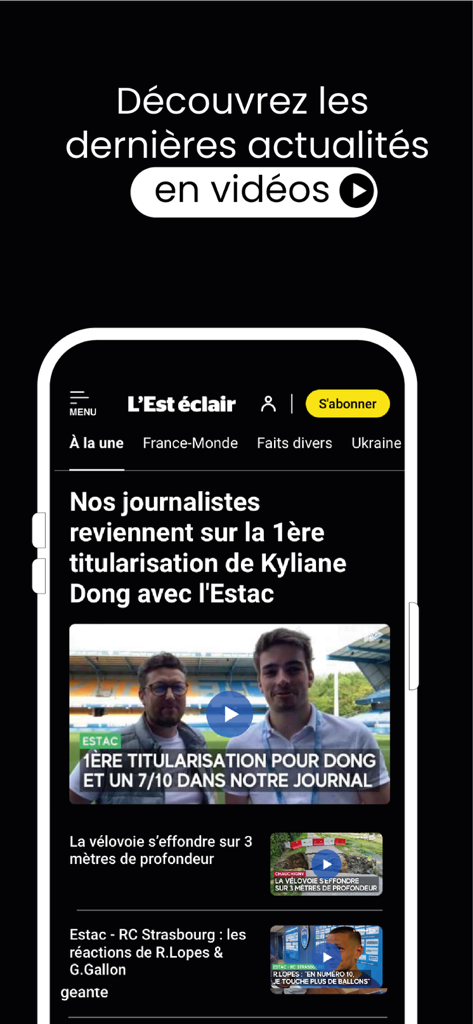 Screenshot of L'Est eclair mobile app featuring the video news section with local sports and regional reporting
