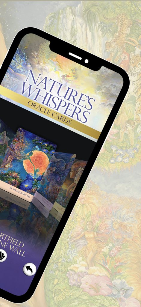Nature's Whispers Oracle - Tela do smartphone mostrando o aplicativo Nature's Whispers Oracle com cartas coloridas de arte fantástica