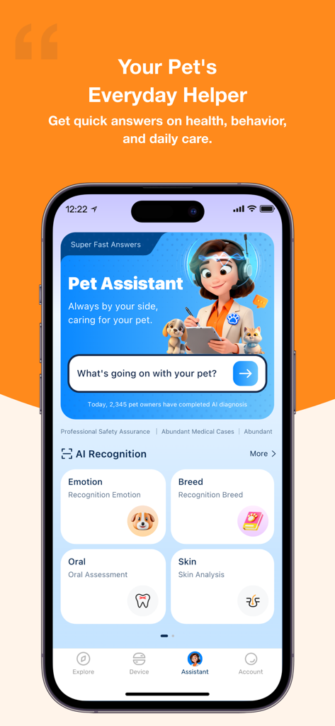 DBDD: Pet Tracker & Assistant - DBDD Pet Tracker app interface showing the Pet Assistant screen with AI recognition features for health behavior and breed identification