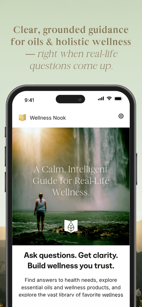 Wellness Nook mobile app screen showing holistic health guidance and essential oil resources