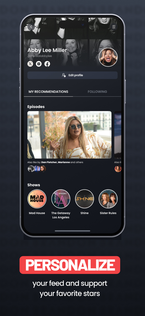 Brandon TV - Brandon TV app interface showing a celebrity user profile with personalized show recommendations and trending reality content.
