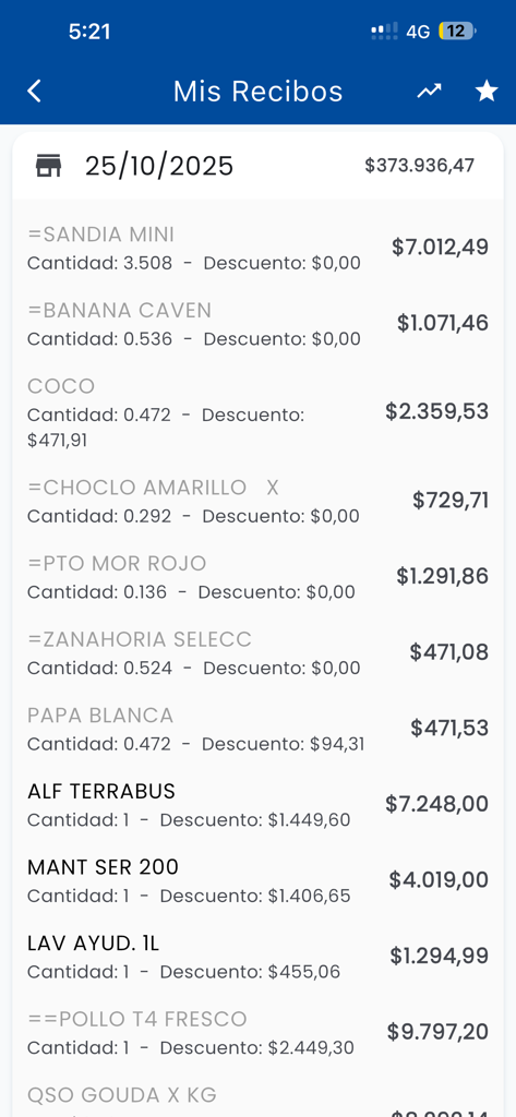 SuperFacil - 購入した食料品アイテムとその価格のリストを表示するSuperFacilモバイルアプリインターフェース