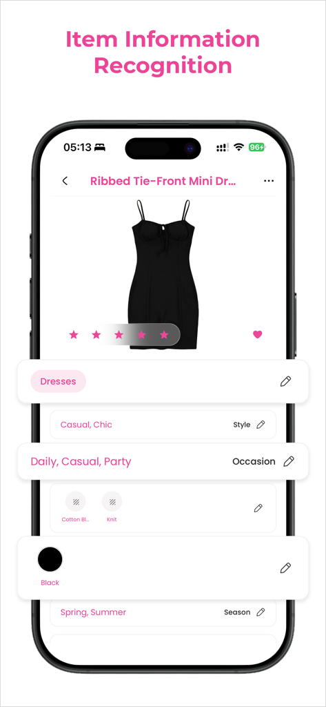 Benutzeroberfläche der mobilen Sty AI App, die automatische Kleidungserkennung und Styling-Tags für ein schwarzes Kleid zeigt
