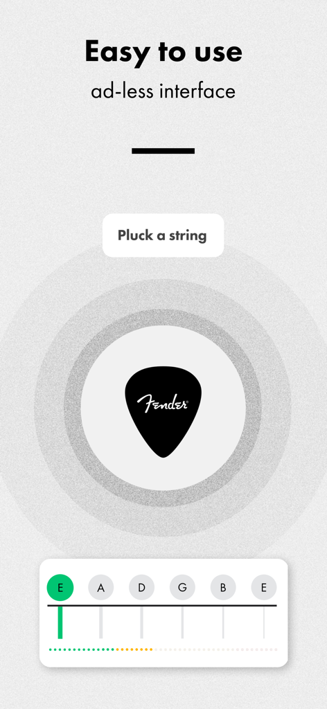 Fender Tune: Guitar Tuner App - Fender Tune app auto-tuning interface featuring a pluck a string prompt and a guitar pick logo.