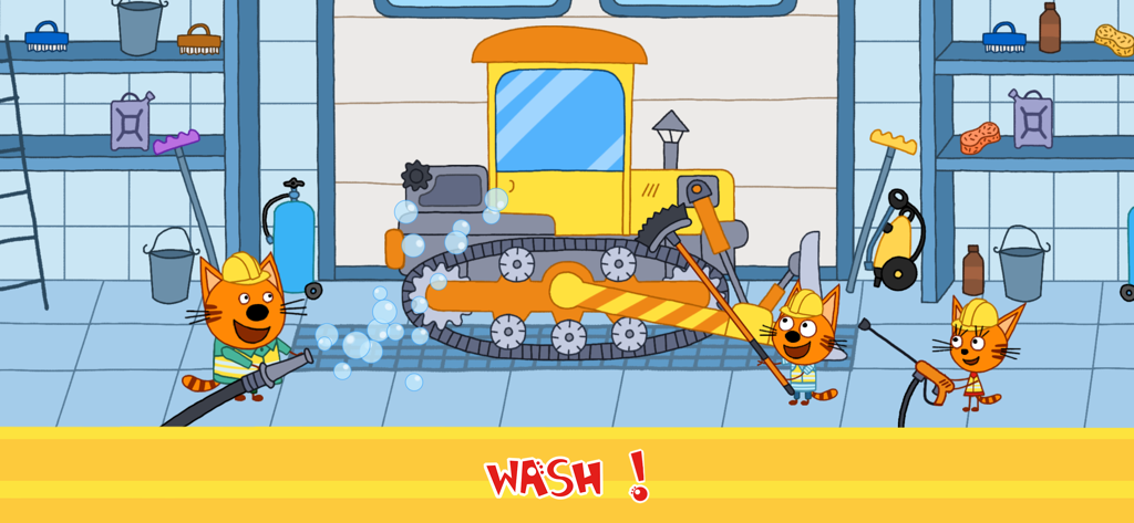 Kid-E-Cats: Building Car Games - Kid-E-Cats characters washing a yellow construction vehicle in a workshop