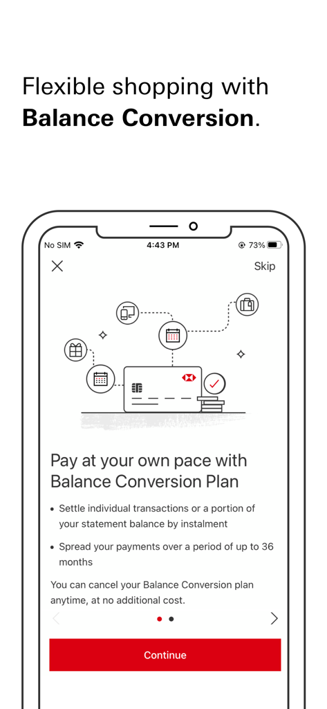 HSBC Malaysia - HSBC Malaysia mobile app screen explaining the Balance Conversion Plan for credit card shopping and instalments