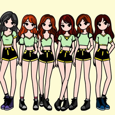 a group of girls wearing crop tops and shorts