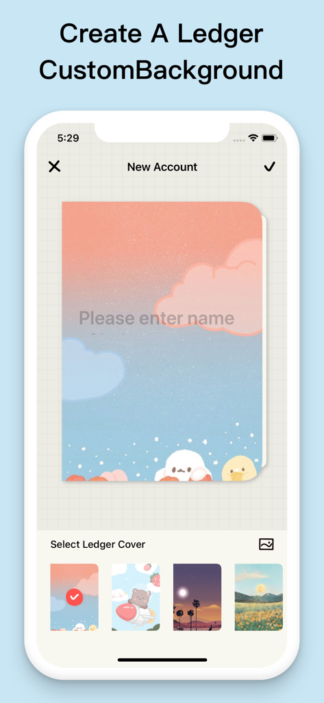 EMMO Cost - Interface for customizing a budget ledger with cute and aesthetic covers in the EMMO Cost app