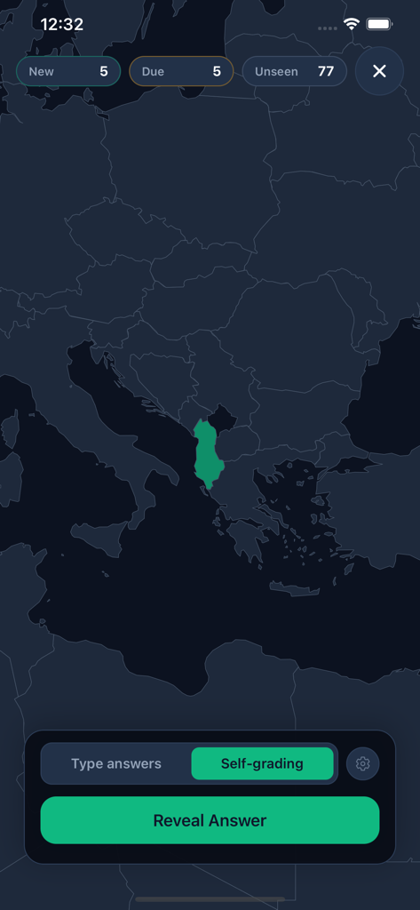 GeoWiz app interface showing a geography quiz with a country highlighted in green on a map and a reveal answer button.