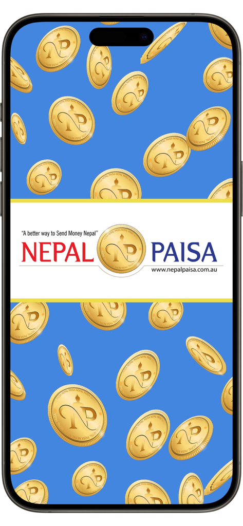 Schermata iniziale dell'app di trasferimento di denaro Nepal Paisa con monete d'oro fluttuanti e lo slogan del marchio A better way to Send Money Nepal.