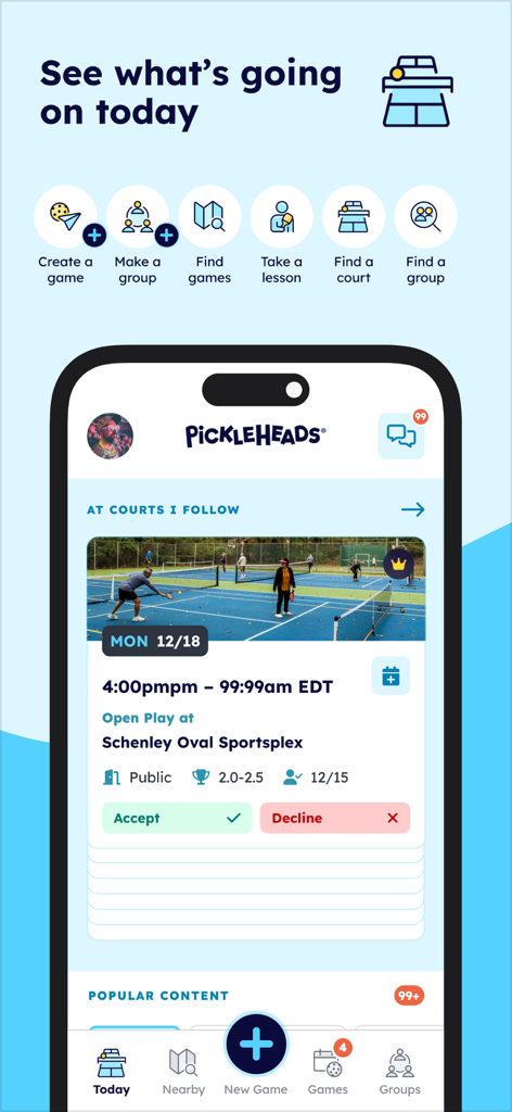 Pickleheads - Play Pickleball - Interfaccia dell'app Pickleheads che mostra partite di pickleball programmate in un complesso sportivo locale e icone di navigazione rapida per trovare campi e gruppi.