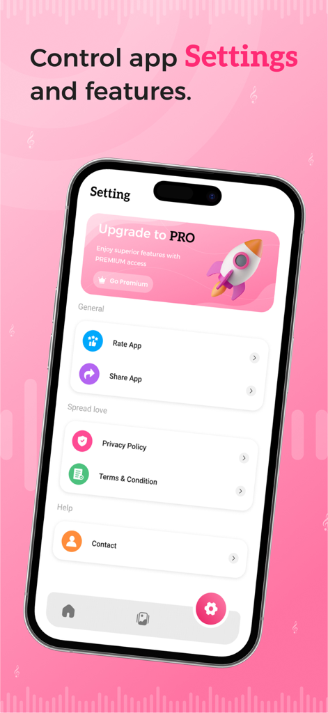 Ringtone Maker – Set & Export - Settings interface of the Ringtone Maker app showing the pro upgrade banner and menu options.