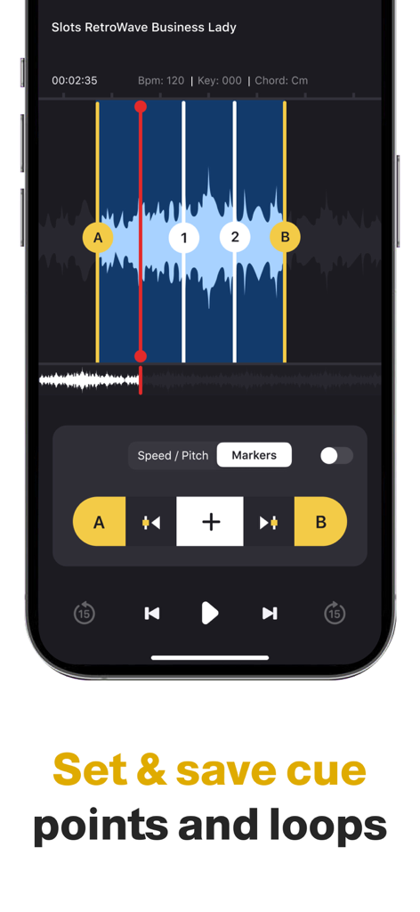 Music Speed Changer-Transpose - Mobile app interface showing an audio waveform with set cue points and loops for music practice