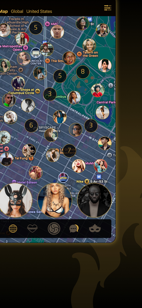 Map view of the KINK People app showing profiles and clusters of nearby users in a city area