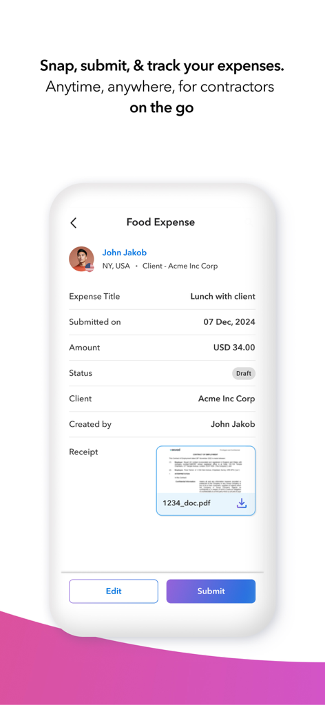 Payoneer Workforce Management - Ecrã móvel da aplicação Gestão de Força de Trabalho Payoneer mostrando um relatório de despesas de alimentação com um recibo de almoço e opções de submissão