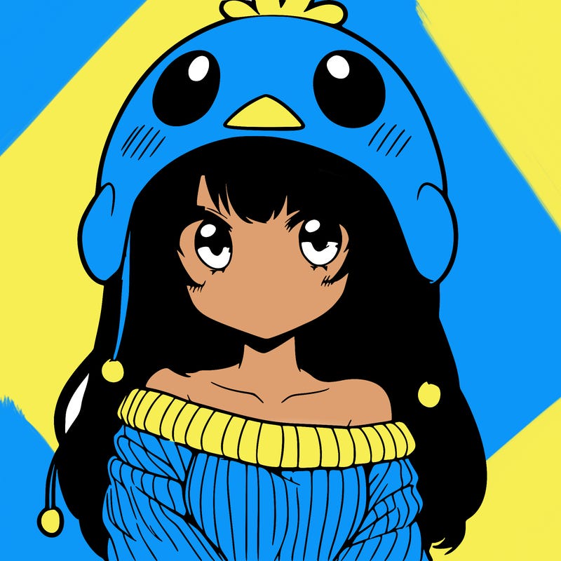 anime girl with chick shaped hat with sweater with bare shoulders with bangs covering them one eye with low tail