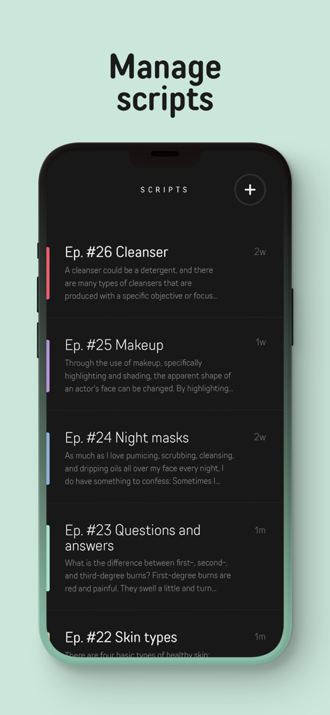 Manage scripts interface showing a list of video episodes in the Prompted teleprompter app