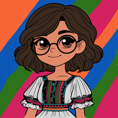 one girl with medium short hair, which are wavy. she has round glasses. she wears a latina outfit.