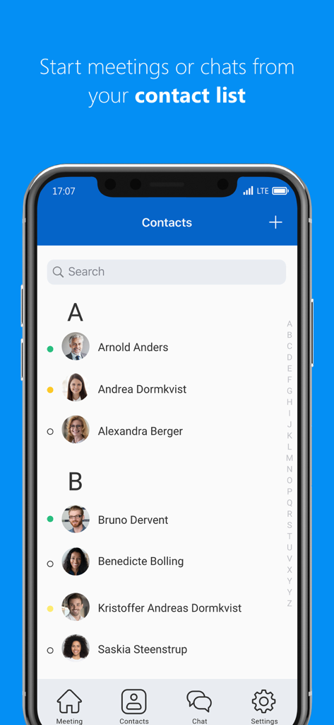 TeamViewer Meeting - TeamViewer Meeting mobile App zeigt die Kontaktliste mit professionellen Nutzern für schnelle Meetings und Chats an
