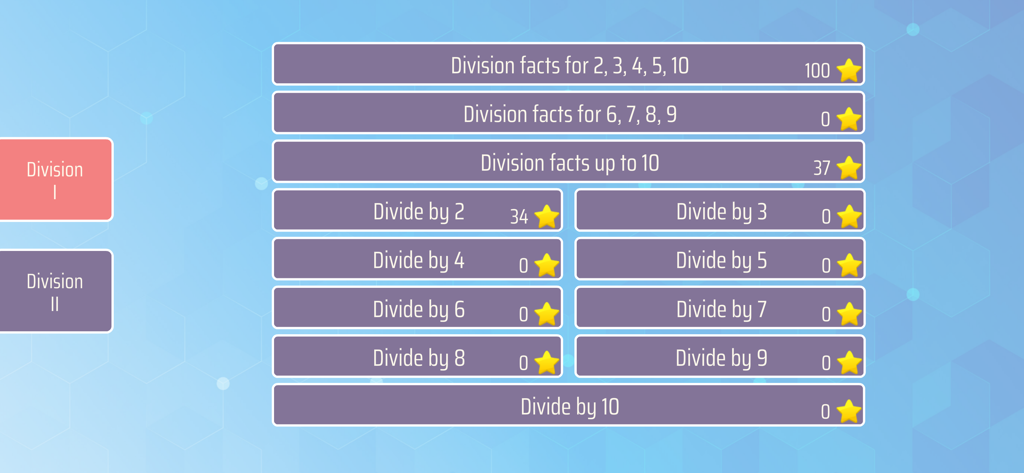 Math Shot Division - A menu screen from the Math Shot Division app displaying various levels for practicing division facts from 2 to 10 with progress stars