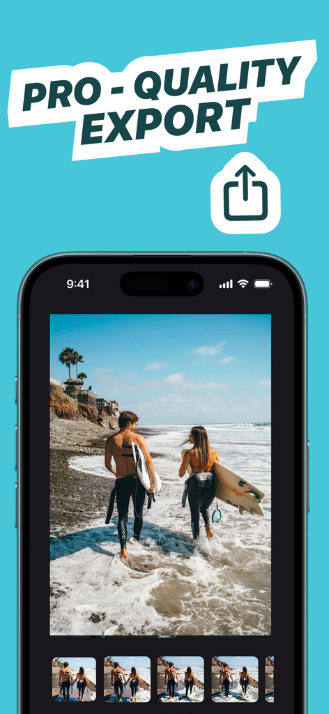 AI Frame Grabber: Video to Pic - Mobile app interface showing a high-quality photo of surfers extracted from a video with the text Pro-Quality Export