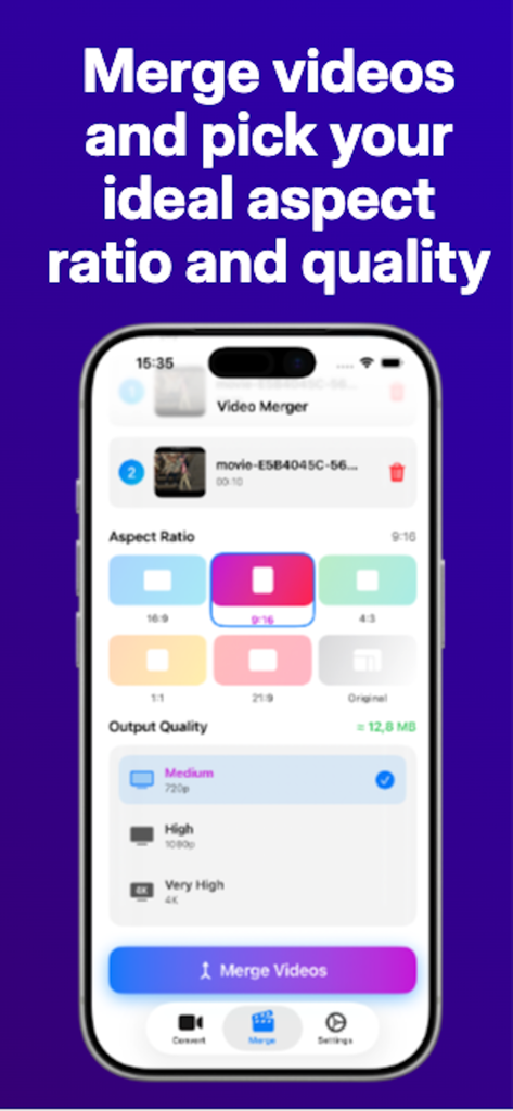 Video Converter Vidify - Interfaz de la app Vidify que muestra opciones para fusionar videos y seleccionar la relación de aspecto y la calidad