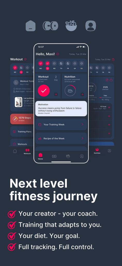 GYMKY - Fitness & AI Nutrition - A smartphone displaying the GYMKY app dashboard with workout tracking, nutrition overview, and a motivational quote.