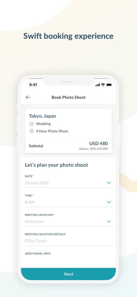 SweetEscape - SweetEscape mobile app interface showing a quick booking process for a professional photo shoot.