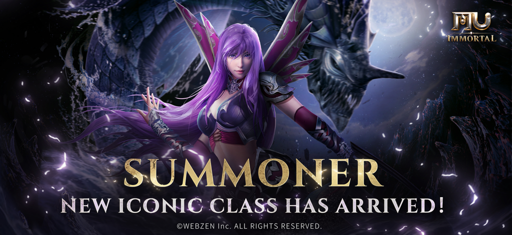 MU Immortal - Banner promocional para la nueva clase Invocador en MU Immortal con un personaje femenino con alas púrpuras.