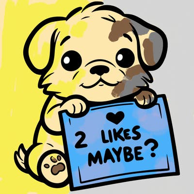 a puppy holding a sign that says 2 likes maybe?