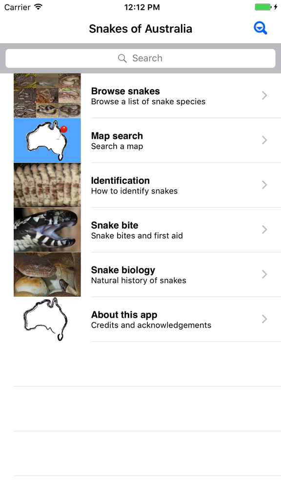 Snakes of Australia - The home screen of the Snakes of Australia mobile app displaying a menu with options for browsing species, map search, identification, first aid, and snake biology.