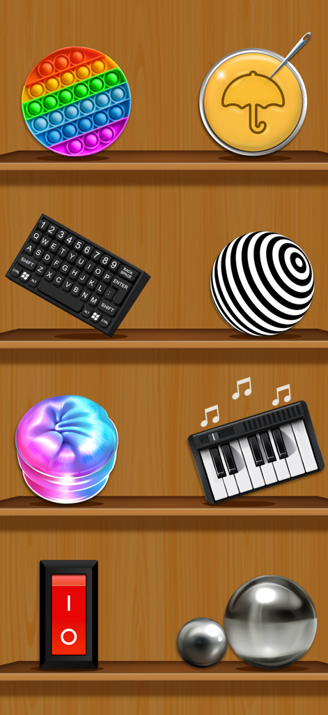 Mini Relaxing Game - pop it - A wooden shelf featuring several virtual fidget toys like a pop it slime and a piano from Mini Relaxing Game