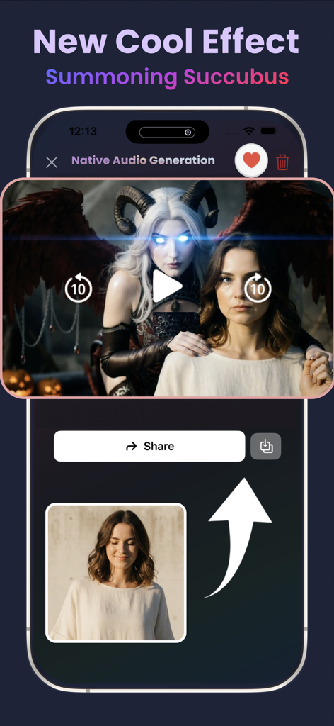 Bing AI: bing image creator - AI image generator interface showing a transformation from a woman's portrait to a fantasy succubus scene with native audio generation