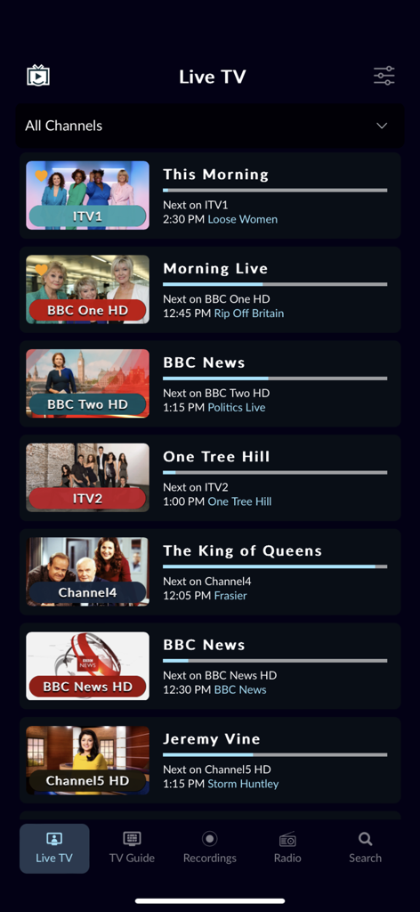 The TeeVeeing mobile app interface displaying a list of live UK television channels including BBC One, ITV, and Channel 4 for expats.