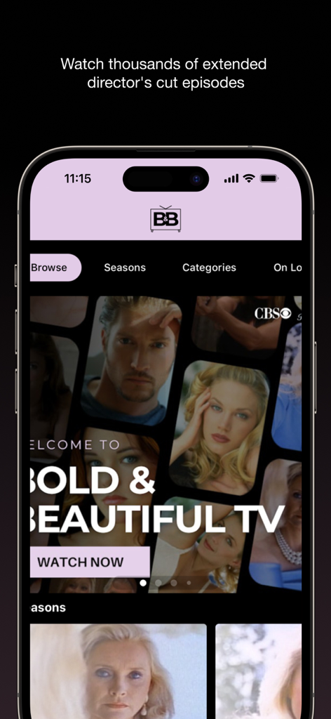 The Bold and the Beautiful - The Bold and the Beautiful mobile app interface showing extended directors cut episodes and character galleries