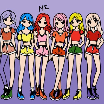 a group of girls wearing crop tops and shorts